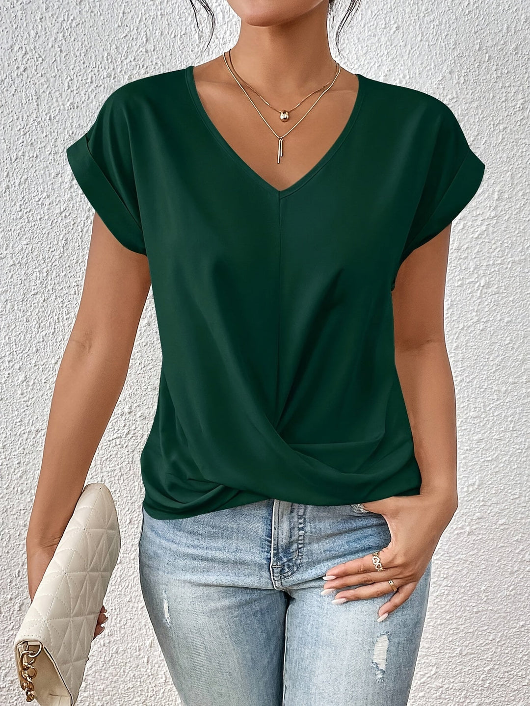 Dames t-shirt met v-hals, gedraaide voorkant en korte mouwen