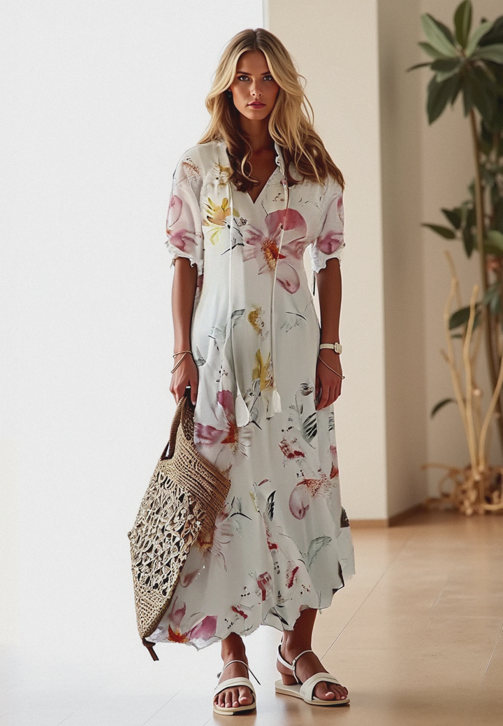 Boho maxi-jurk met v-hals en korte mouwen voor dames
