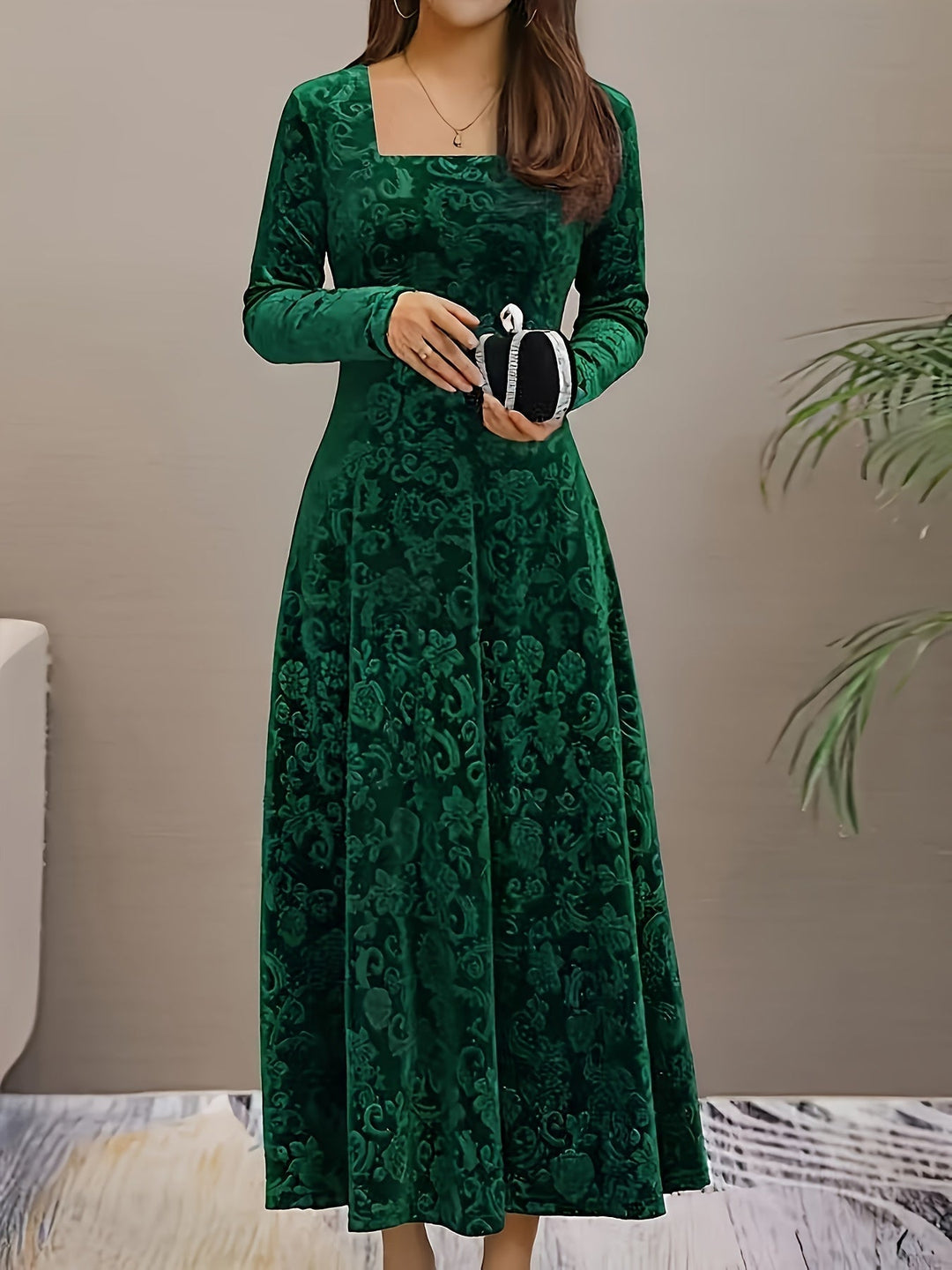 Elegante fluwelen midi-jurk met bloemenprint voor dames