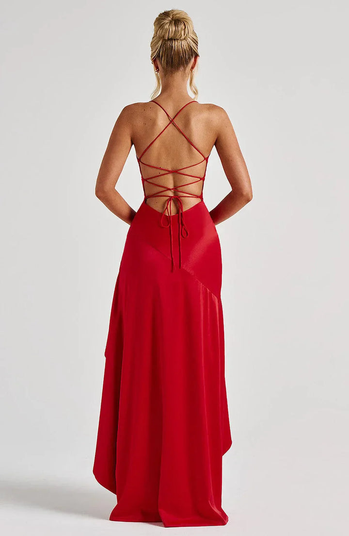 Maxi-jurk met asymmetrische ruches en strik aan de achterkant