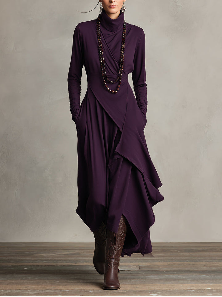 Maxi-jurk met col en asymmetrische zoom