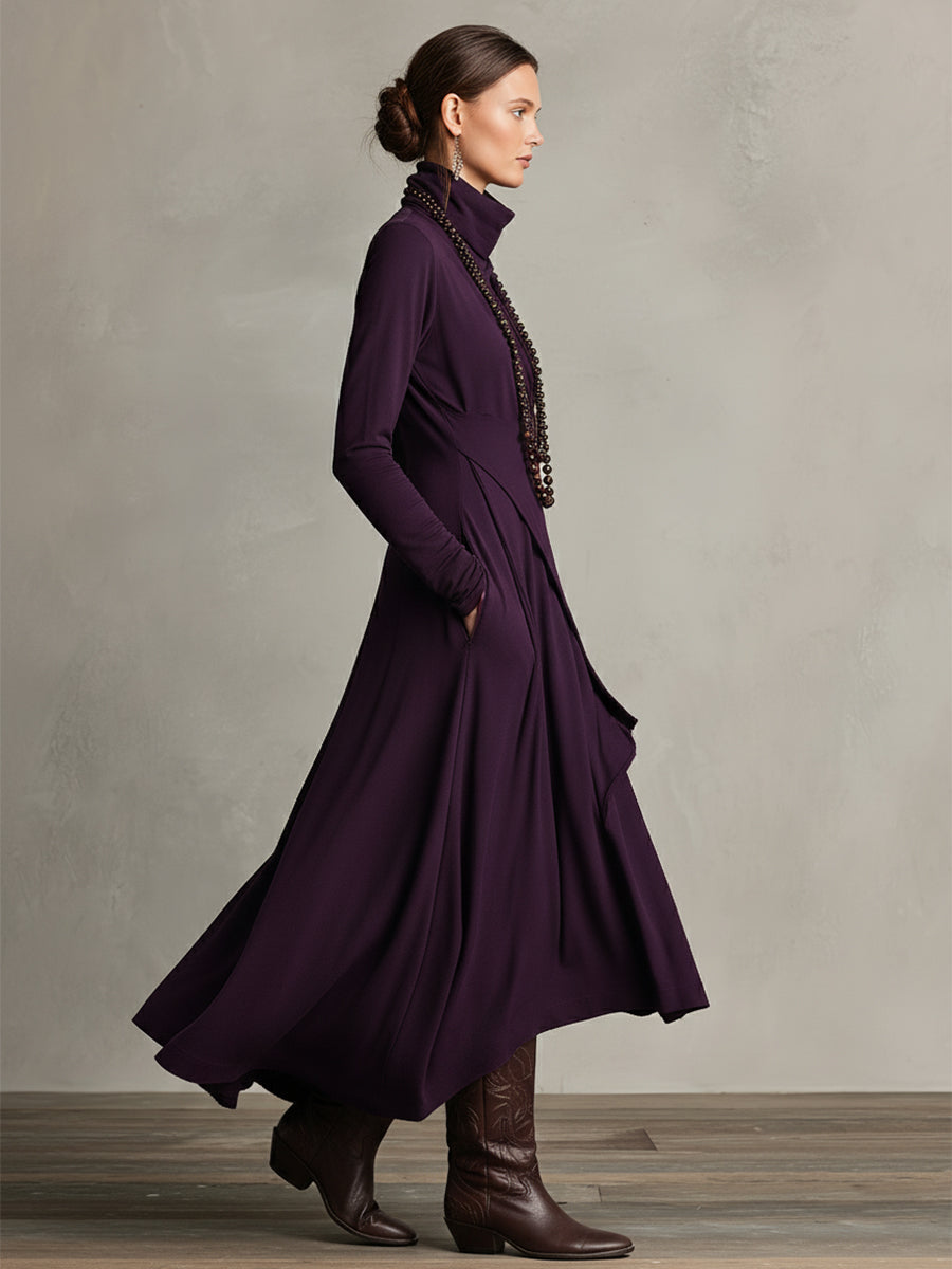 Maxi-jurk met col en asymmetrische zoom