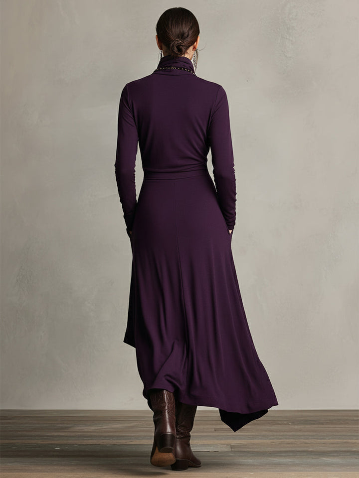 Maxi-jurk met col en asymmetrische zoom