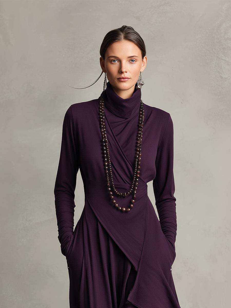 Maxi-jurk met col en asymmetrische zoom