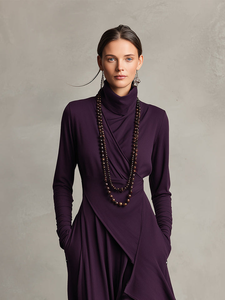 Maxi-jurk met col en asymmetrische zoom