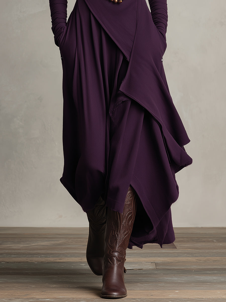 Maxi-jurk met col en asymmetrische zoom
