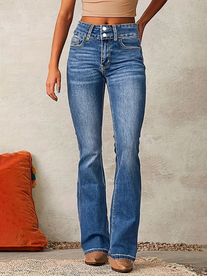 Klassieke damesjeans met rechte pijpen, uitlopende pijpen en hoge taille