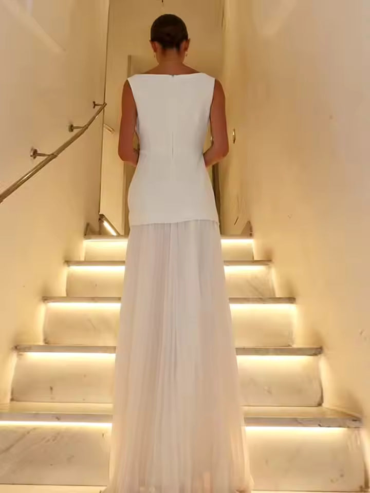Mouwloze maxi-jurk met plooien en boothals voor dames