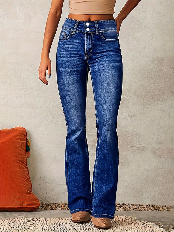 Klassieke damesjeans met rechte pijpen, uitlopende pijpen en hoge taille