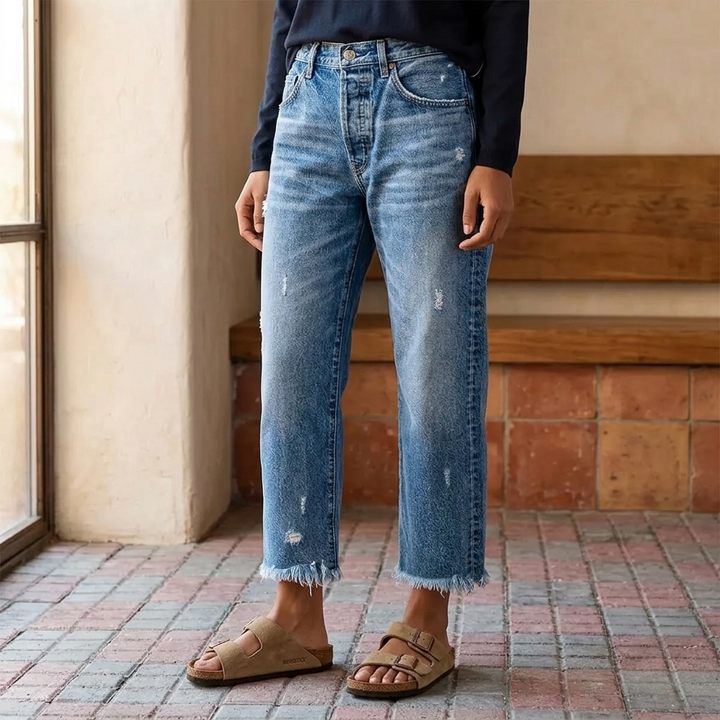 Rechte cropped jeans voor dames met franjes