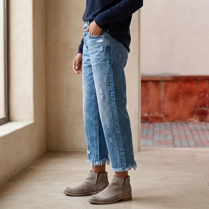 Rechte cropped jeans voor dames met franjes