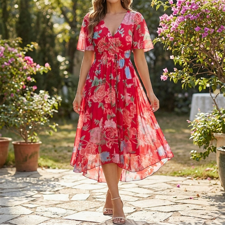 Midi-jurk met bloemenprint en geplooide top
