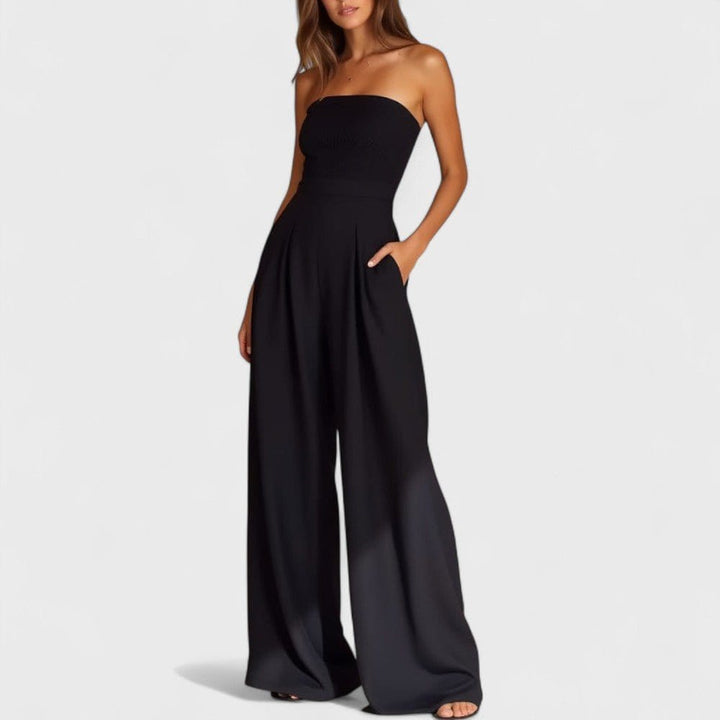 Strapless jumpsuit met wijde pijpen en zakken voor dames