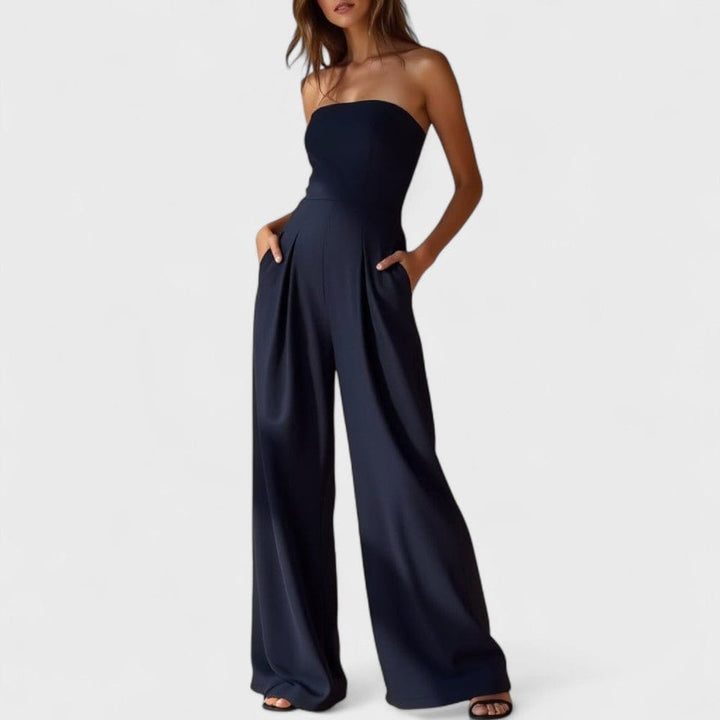 Strapless jumpsuit met wijde pijpen en zakken voor dames