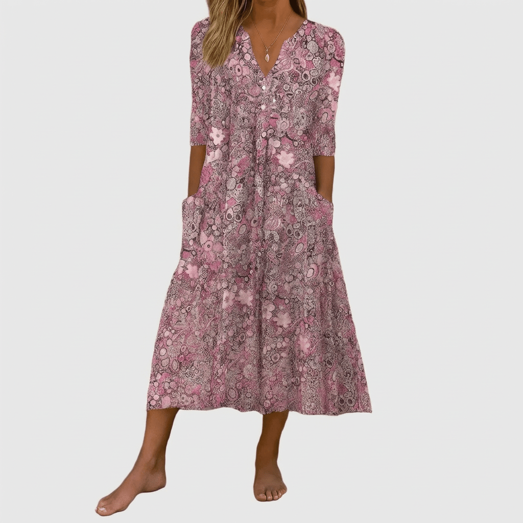 Dames midi-jurk met v-hals, elegant, geschikt voor alle seizoenen