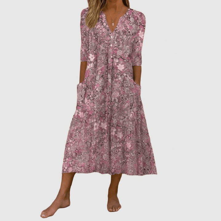Dames midi-jurk met v-hals, elegant, geschikt voor alle seizoenen