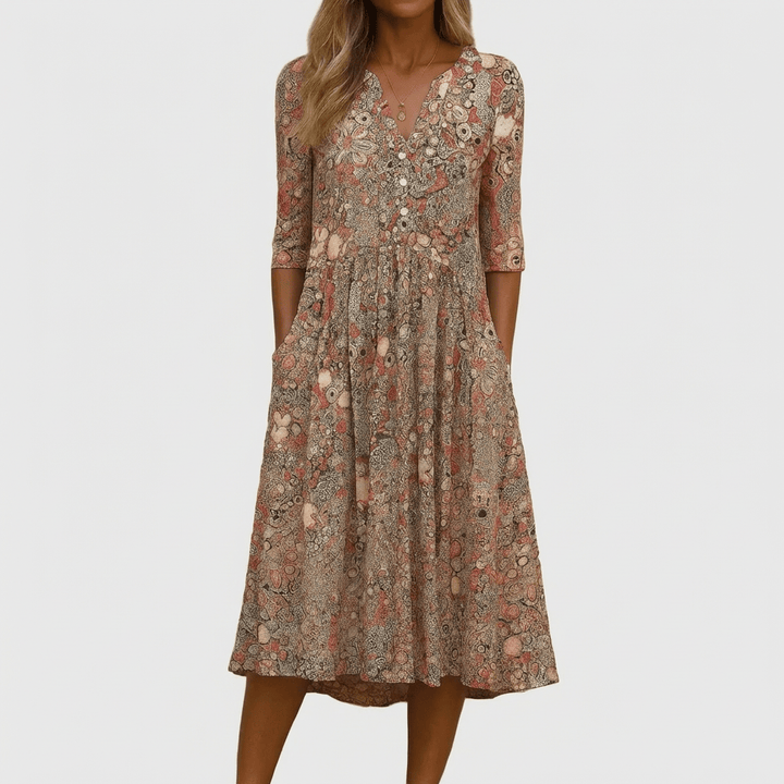 Dames midi-jurk met v-hals, elegant, geschikt voor alle seizoenen