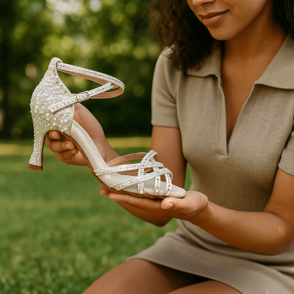 Satijnen dansschoenen voor dames met kristallen op de hiel