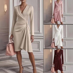 Midi-jurk voor dames met v-hals, draperie en lange mouwen voor de lente