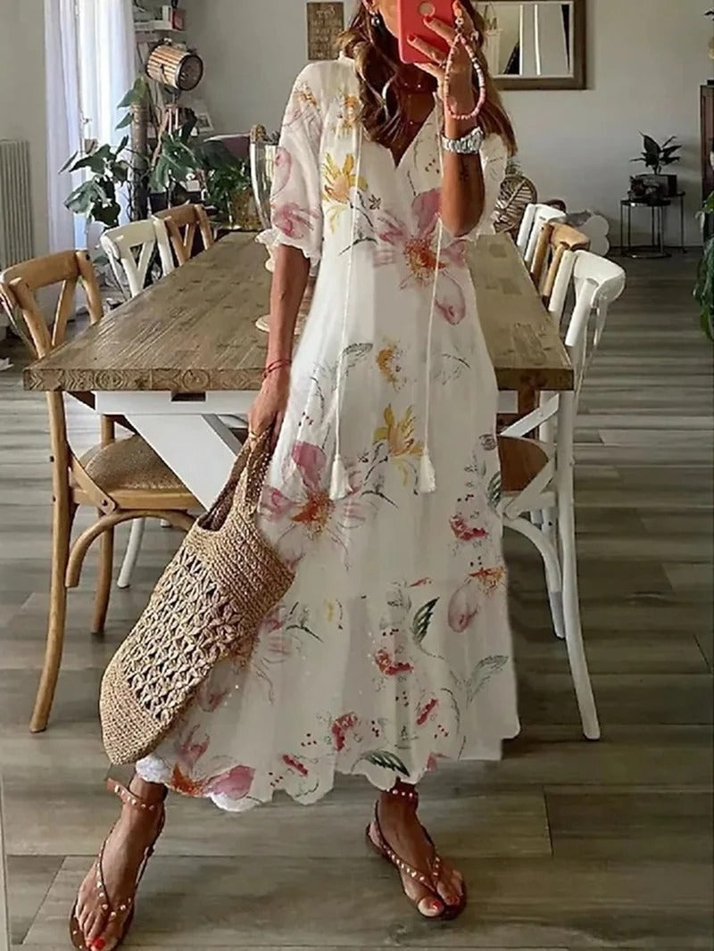 Boho maxi-jurk met v-hals en korte mouwen voor dames