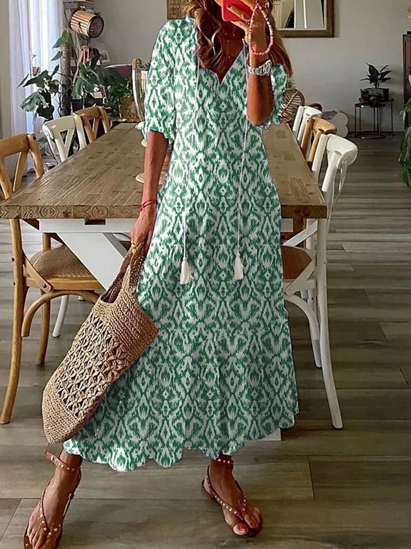 Boho maxi-jurk met v-hals en korte mouwen voor dames