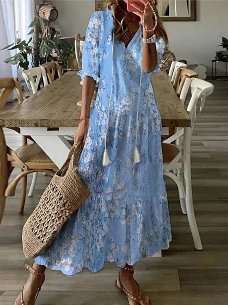 Boho maxi-jurk met v-hals en korte mouwen voor dames