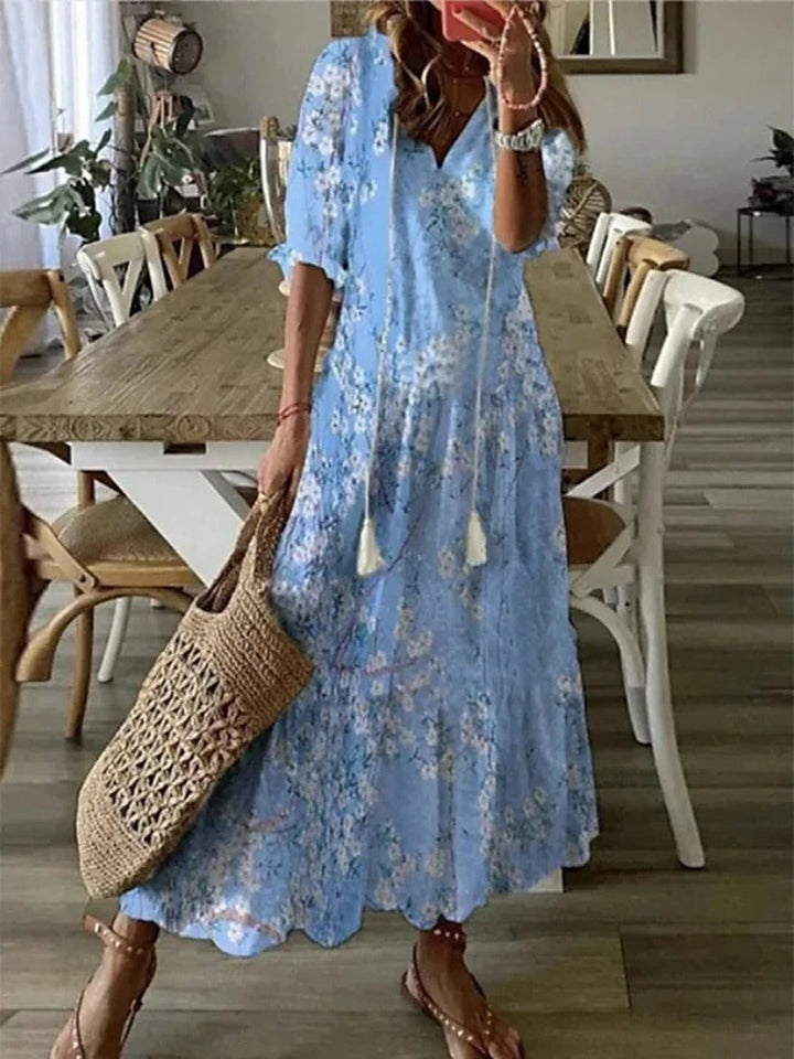 Boho maxi-jurk met v-hals en korte mouwen voor dames