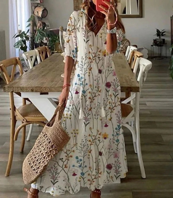 Boho maxi-jurk met v-hals en korte mouwen voor dames