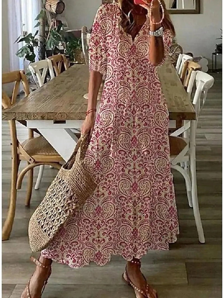 Boho maxi-jurk met v-hals en korte mouwen voor dames