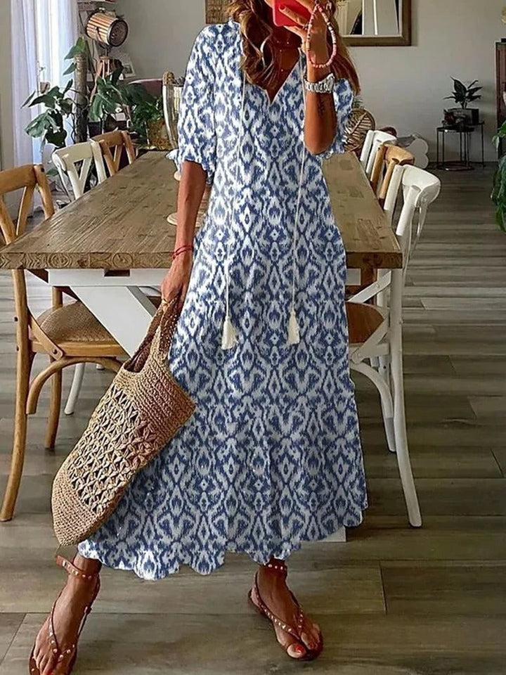 Boho maxi-jurk met v-hals en korte mouwen voor dames