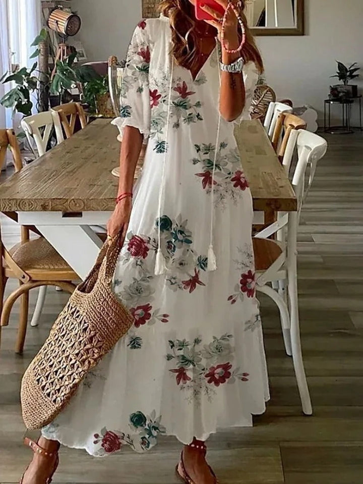 Boho maxi-jurk met v-hals en korte mouwen voor dames
